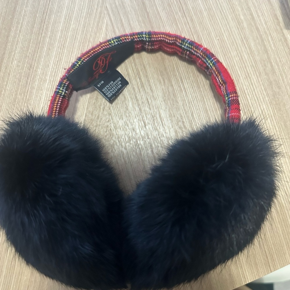Real fur Fur Earmuffs with Red Plaid Band